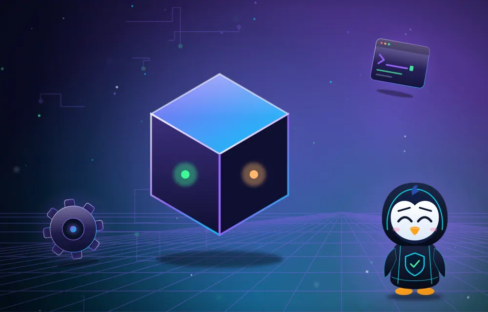 Un cube en construction avec un engrenage et un terminal.