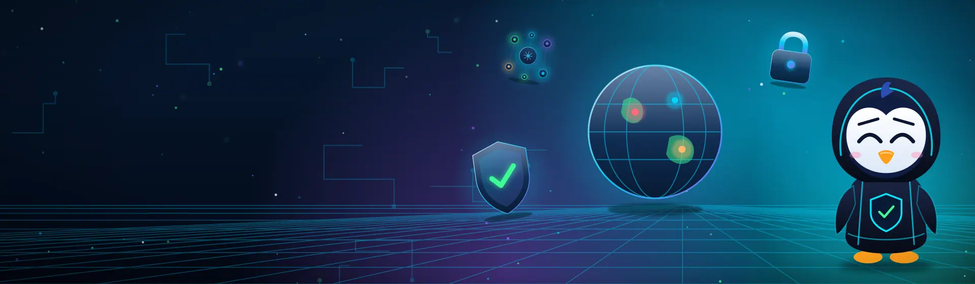 Pingo devant un globe, un cadenas et un réseau, pour une cybersécurité accessible à tous.